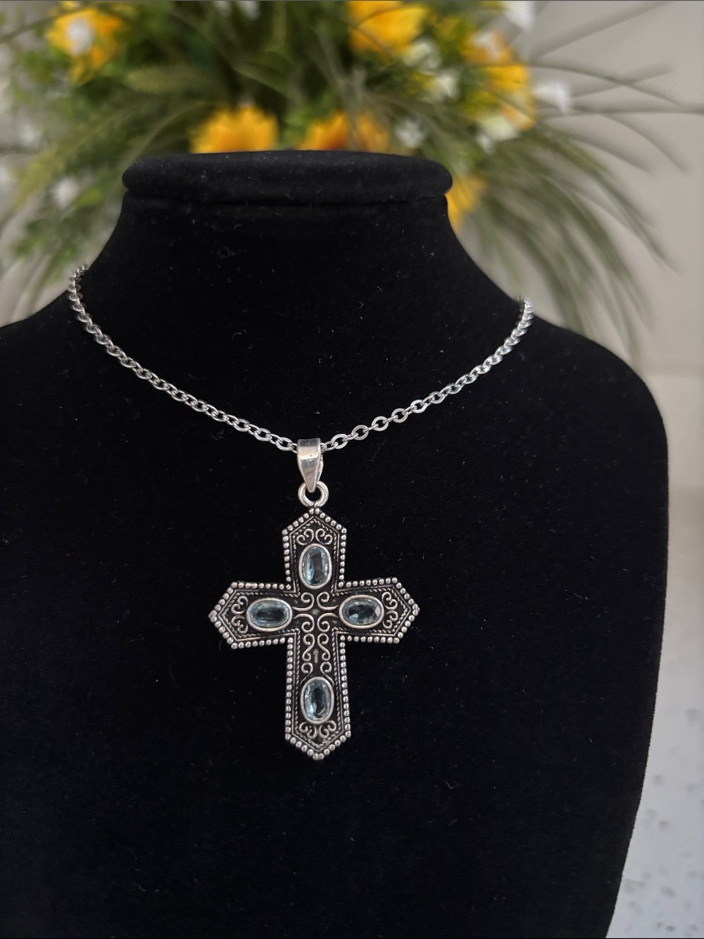Sterling Silver Cross Blue Topaz Gemstone Pendant Necklace